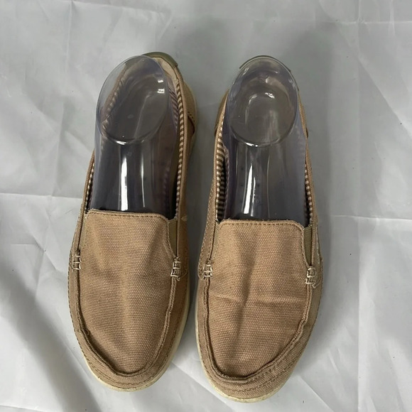 CROCS Walu Tan Canvas Loafer Deck Boat  Shoe Non-mark Sole Preppy Logo Coastal 8 - Picture 8 of 13